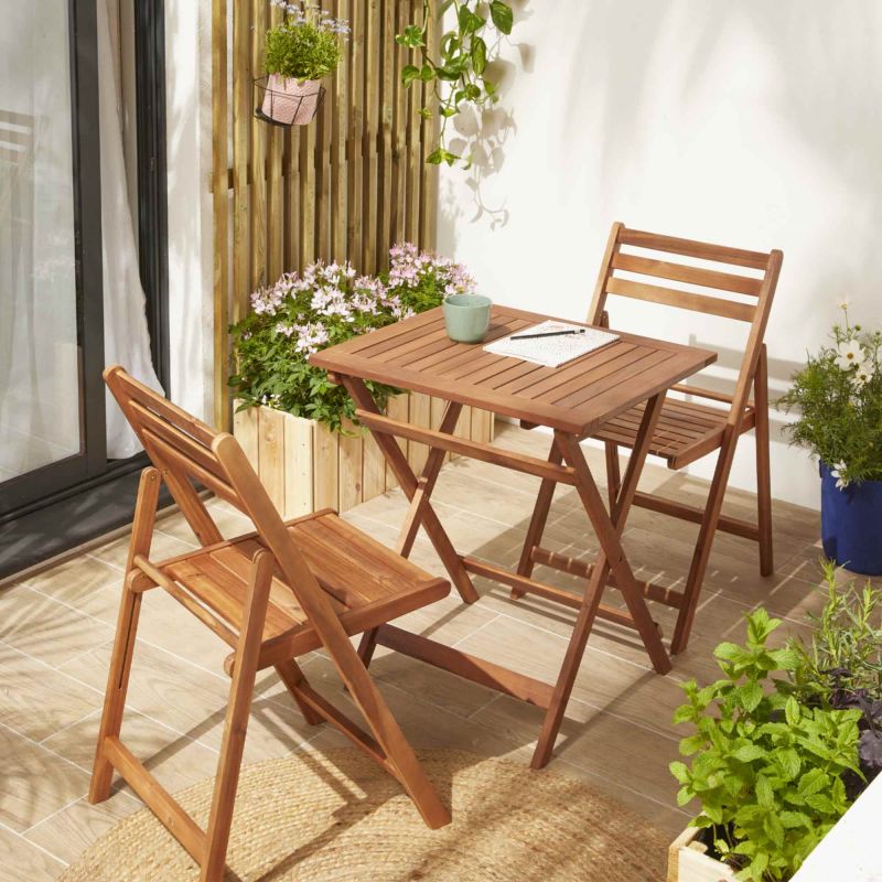 Salon de jardin - une table et 2 chaises en Acacia